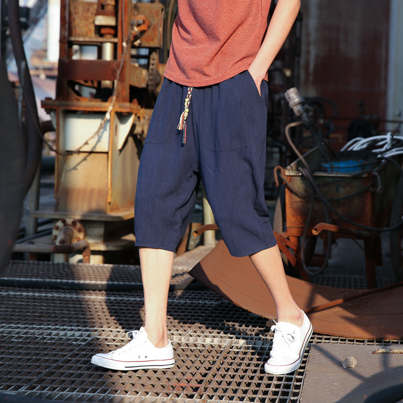 Men's Linen Ice Silk Cropped Pants Slim Fit Japanese Style Summer Casual Shorts Loose Plus Size Trendy