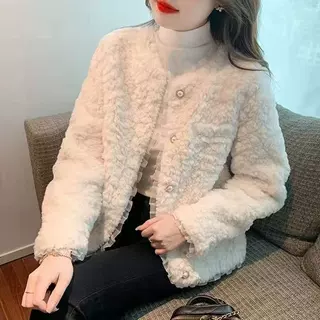 毛茸茸小香风外套女秋冬加厚2026新款韩系高级感蕾丝珠边上衣外套