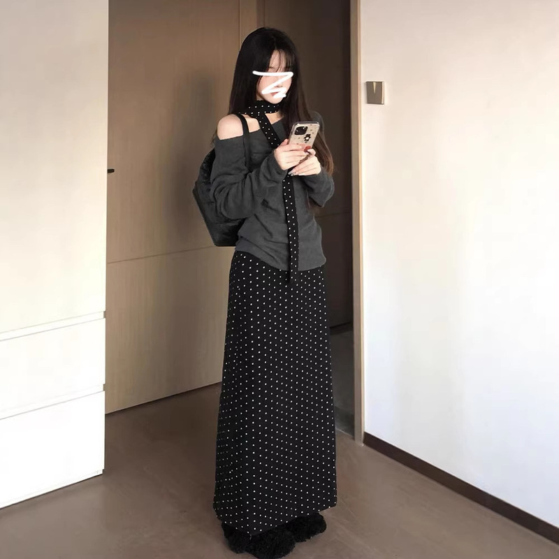Black Polka Dot Skirt, Korean Style Zipper High-Waisted A-Line Straight Mid-Length Skirt for Petite Women, Elegant Skirt