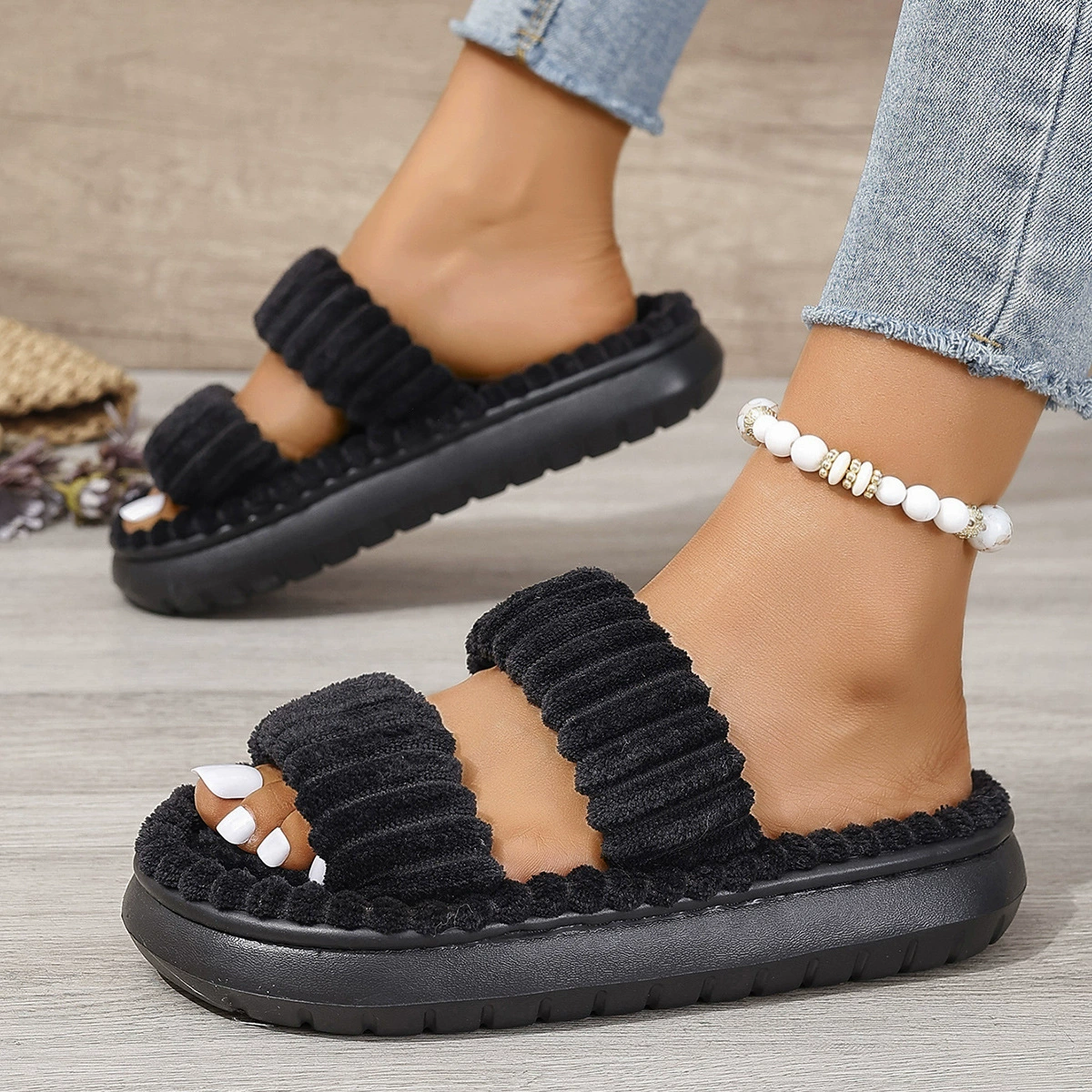 Трансграничные новые вельветовые хлопчатобумажные тапочки для женского дома оптом весной и осенью дома теплая в помещении EVA толстое дно