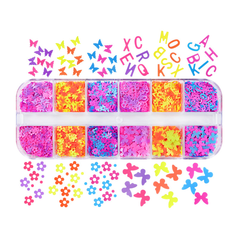 12-rejilla en caja de colores en forma especial lentejuelas mariposa amor flor estrella uñas DIY lentejuelas joyería al por mayor