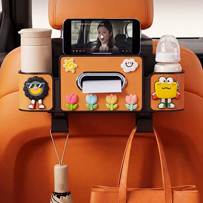 Car seat tissue box, rear storage box, in-car hook organizer, car seat back multifunctional cup holder, cartoon design (Car tissue box/set) - tulip-model-4th-generation-orange