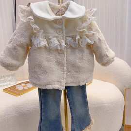 糖小汀织里童装2-6岁女宝宝冬季新款呢子相拼外套加厚蕾丝娃娃领