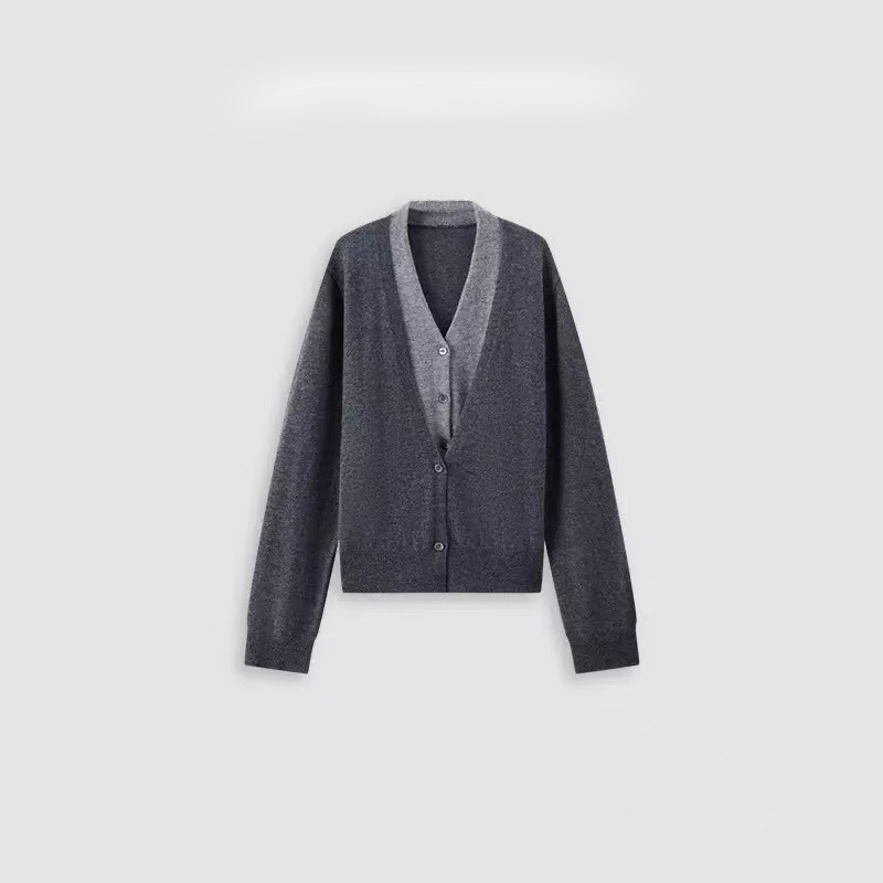 CleanFit风 秋冬新款假两件柔感羊毛叠穿毛衣针织衫开衫V领外套女|undefined