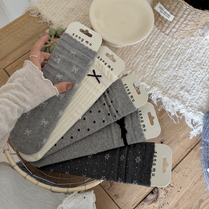 Songmu' High-End Gray Series High-End Low-Key Gray Socks for Women Ins Bow Pile Socks for Women
