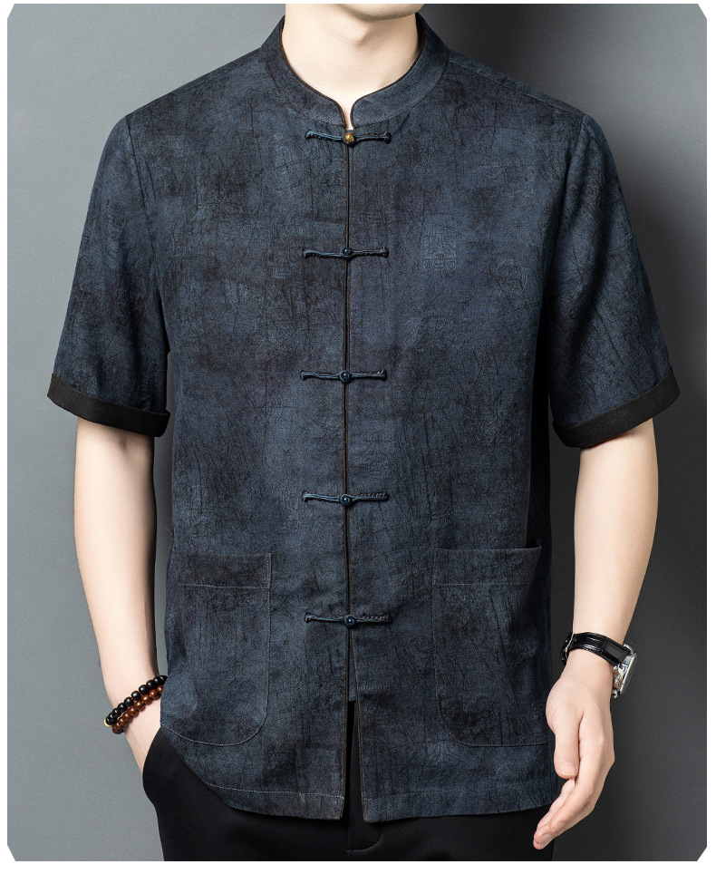 Áo thun nam tay ngắn lụa tơ tằm phong cách Trung Hoa cổ điển, chất liệu Mulberry Silk cao cấp — màu xanh da trời26201 chi tiết 11