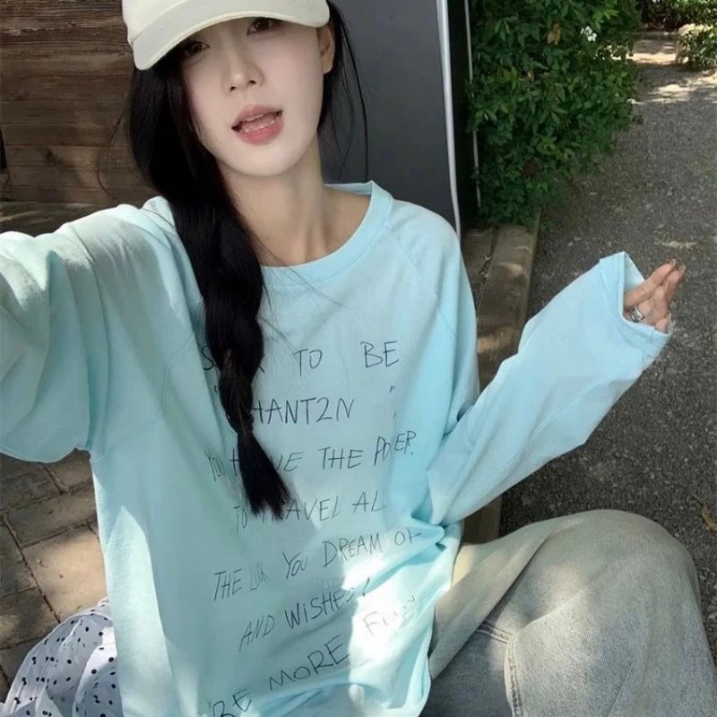韓国文字プリント新作ルーズミドル丈トップイン薄手微透け日焼け止め長袖Tシャツ2025春夏|undefined