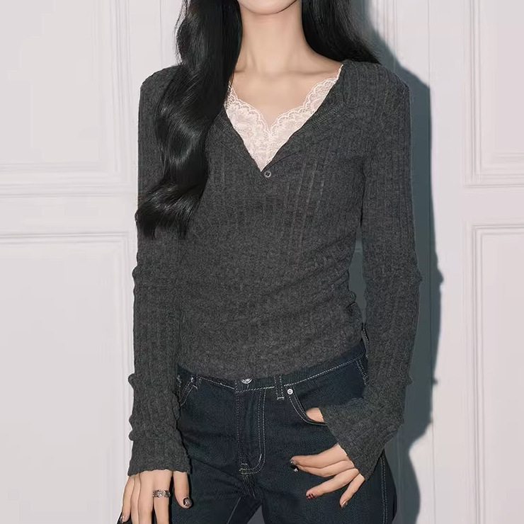 Elegant Grey Lace Fake Two-piece V-neck Knitted Small Shirt Women's Pure Slim-fit Long-sleeved Base Top