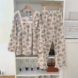 宫廷风方领复古碎花荷叶边长袖长裤睡衣春秋新款少女舒适家居服棉