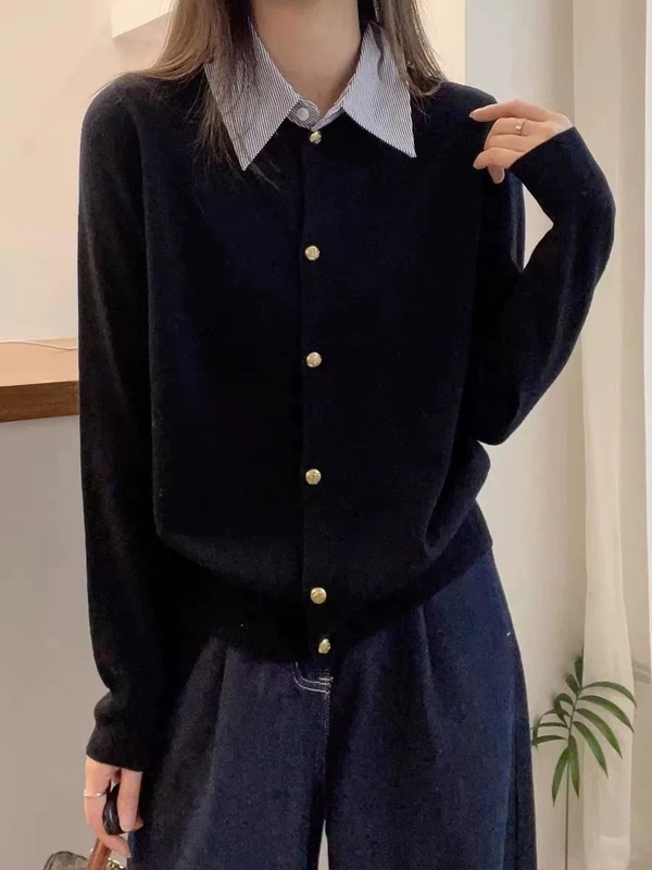 2025秋冬新款撞色拼接假两件针织开衫女宽松百搭显瘦小众毛衣外套|undefined