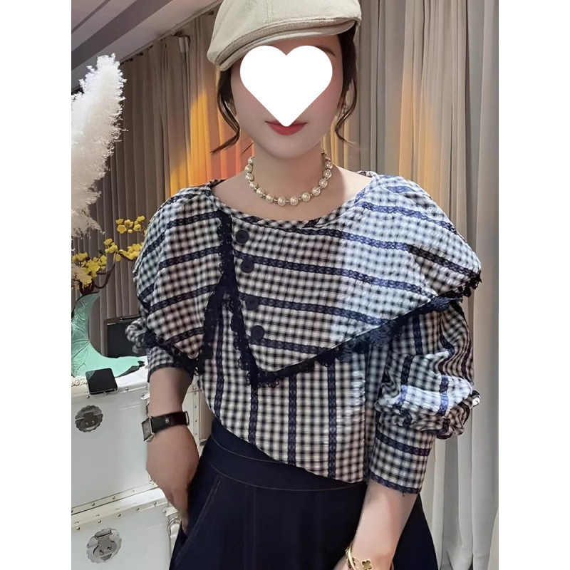 フレンチレトロフリルカラーチェック柄長袖シャツ女性用2025春夏スタイル不規則なルーズ年齢軽減シックなトップ|undefined