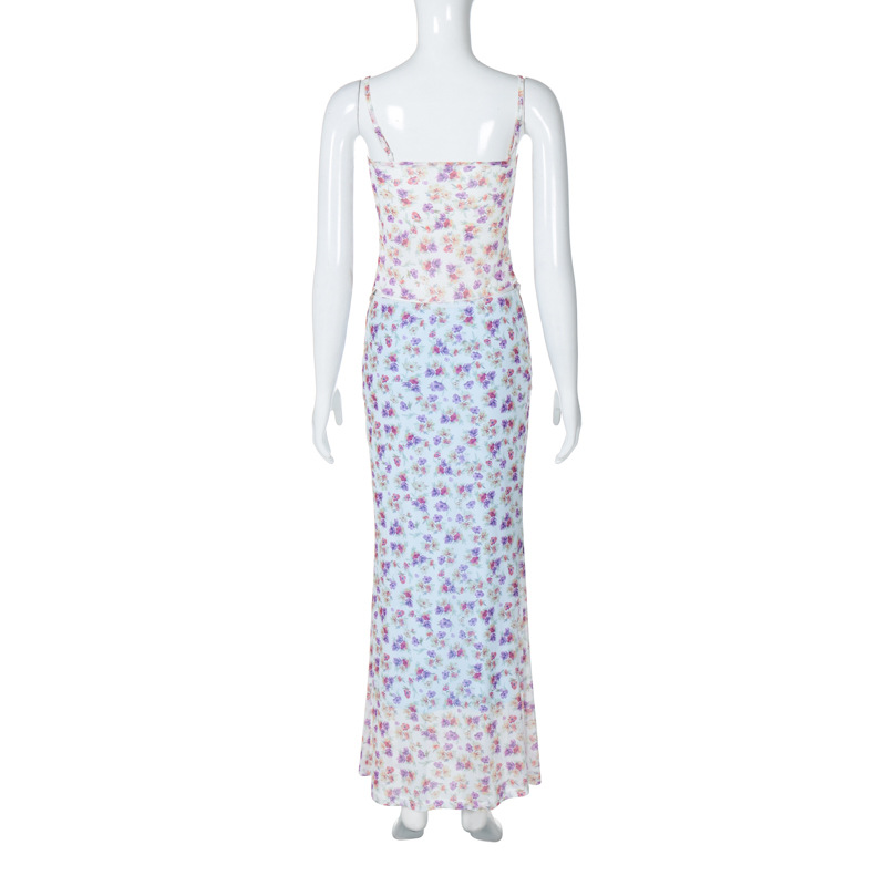 Sexy Double Layer Mesh Camisole Slim Mid Skirt Sexy Floral Suit Women