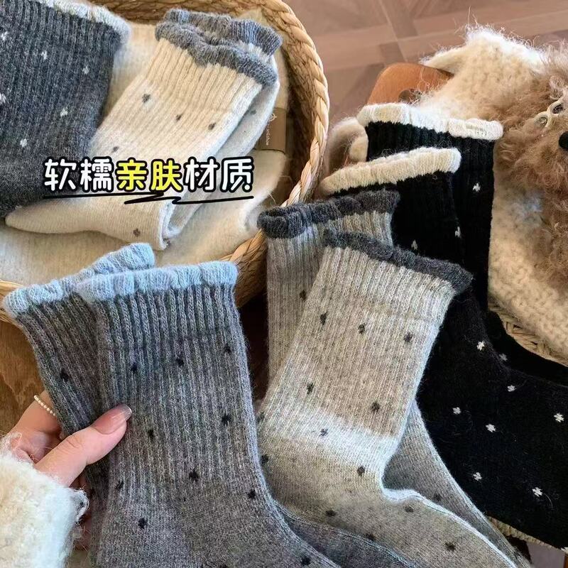 Women's Mid-Calf Socks with Lace and Polka Dots, Breathable High Socks, Simple Women's Mid-Calf Socks, Zhuji City Socks Wholesale