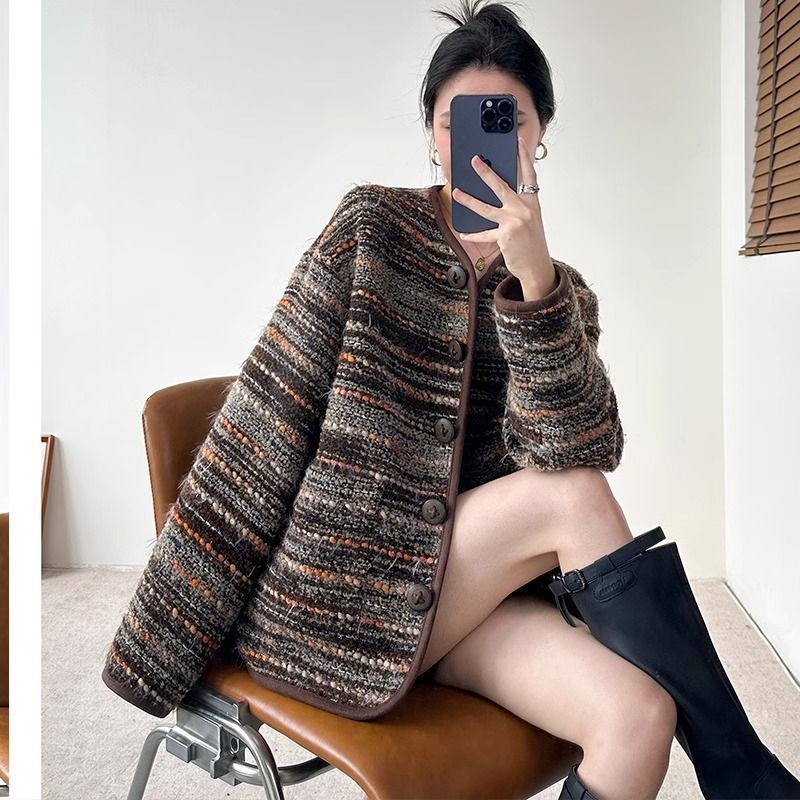 Tweed Style Jacket Women's Spring & Fall Large Size Mid-Length New Style Young and Exquisite Classy Wool Tweed Top Spandex