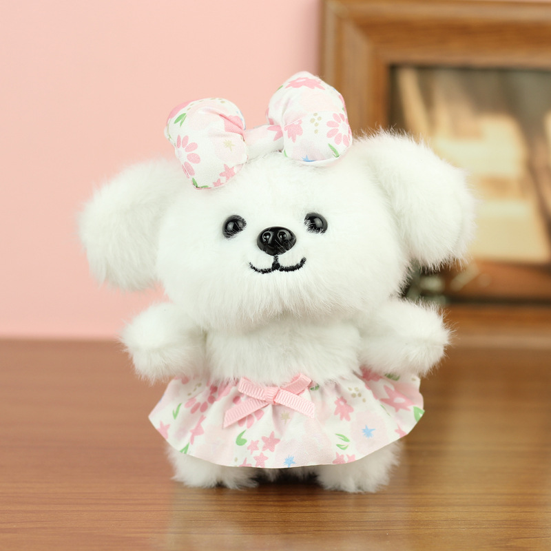 Linda y linda falda floral colgante de perro de juguete de peluche de dibujos animados muñeca de perro bolso de escuela colgante muñeca muñeca pequeña
