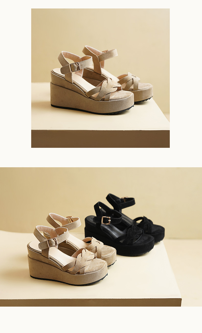 Sandal cao gót nữ hở mũi quai một chữ khóa, đế dày 10 cm, chất liệu da cừu lật dệt — đen chi tiết 8