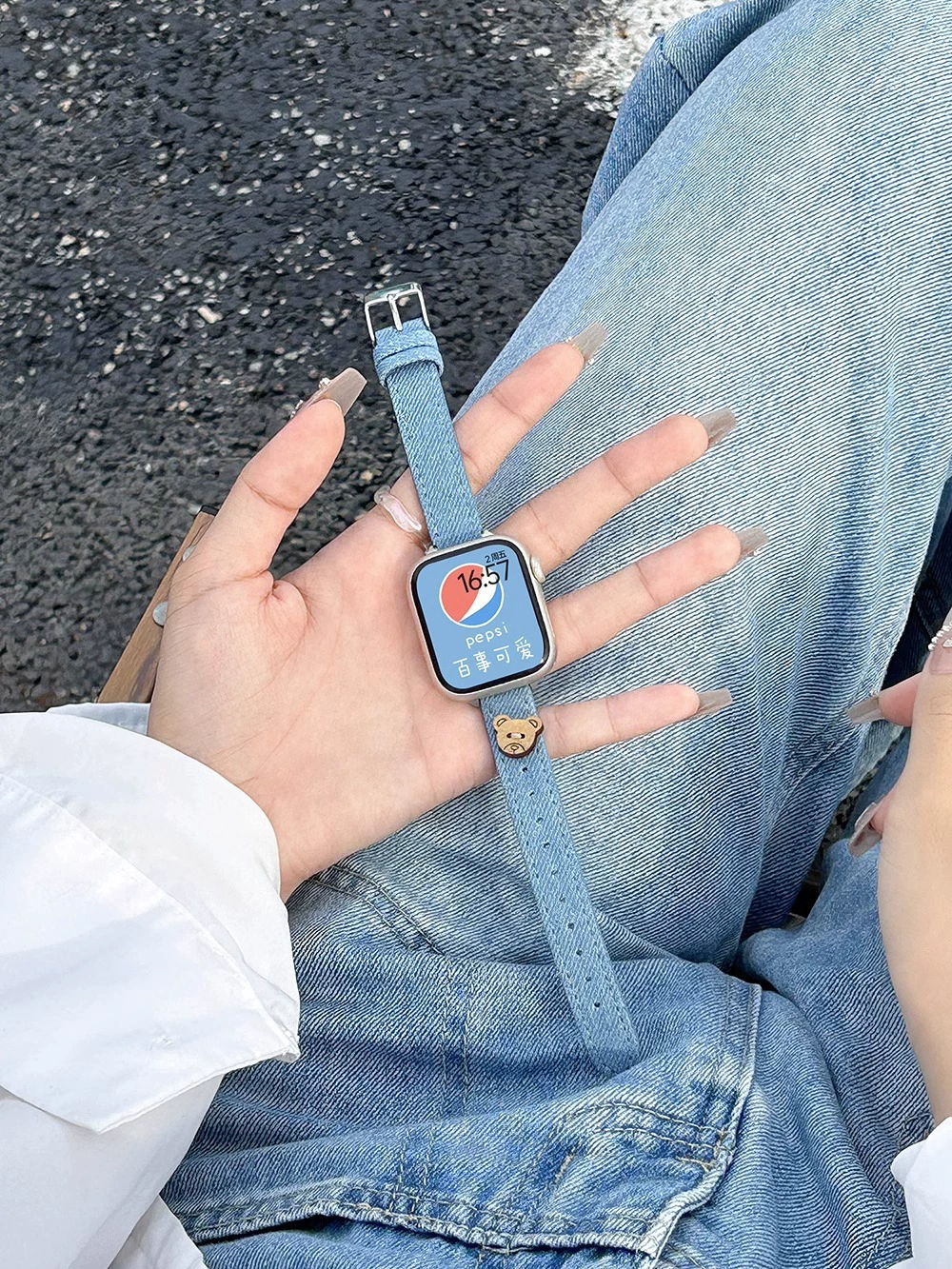 Применимо к ремешку Apple iWATCHS9 новый Ultra2 мужчинам и женщинам S8 лето джинсовая кожа спортивная мода мультфильм