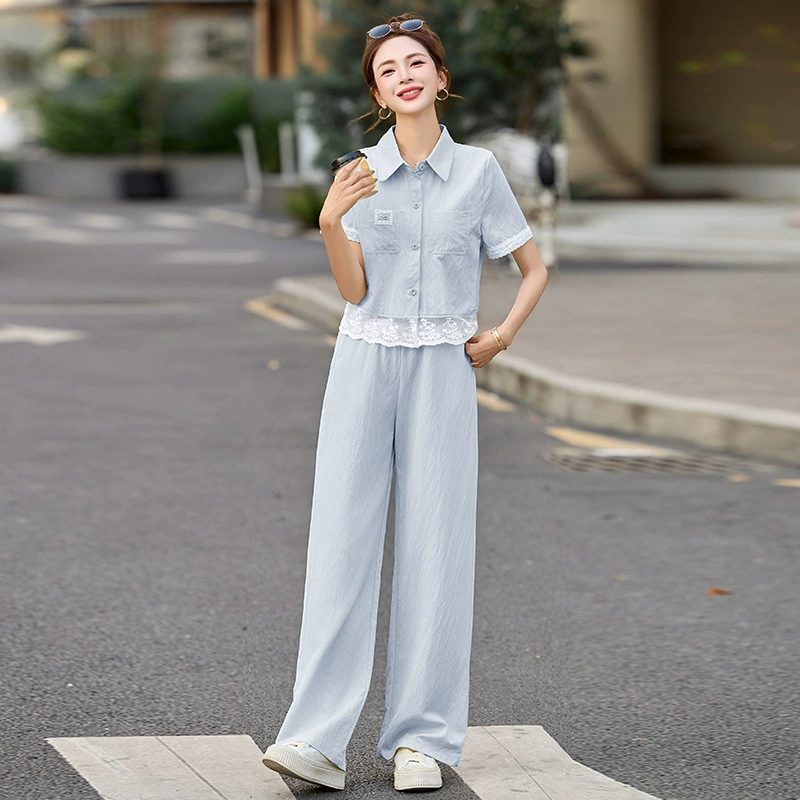 2025 новый летний модный костюм для женщин: элегантный комплект из трех предметов с кружевными вставками, широкие брюки и жилет