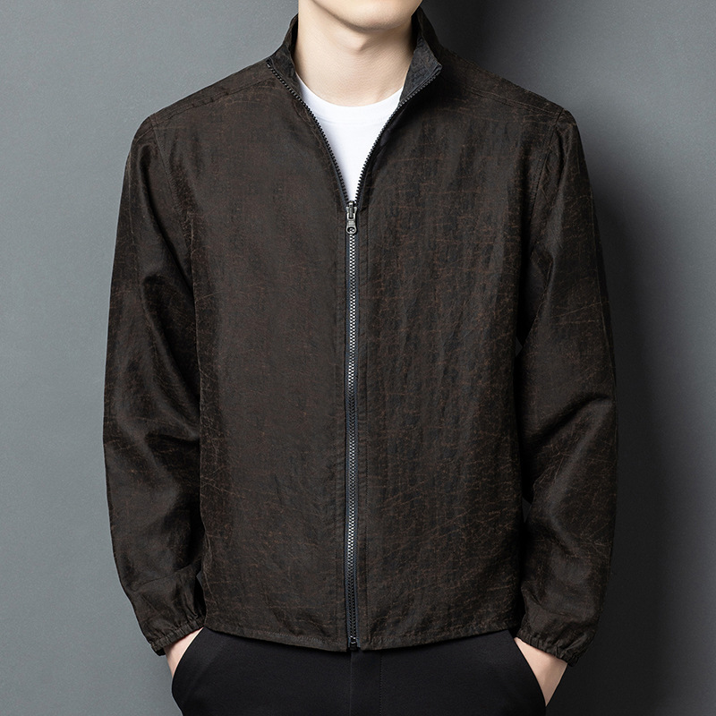 100% Mulberry Silk Xiangyun Silk Crackle Pattern Men's Stand Collar Jacket Loose Fit Zipper Reversible Thin Style for Spring and Autumn 100% Mulberry Silk Xiangyun Silk Crackle Pattern Men's Stand Collar Jacket Loose Fit Zipper Reversible Thin Style for Spring and Autumn