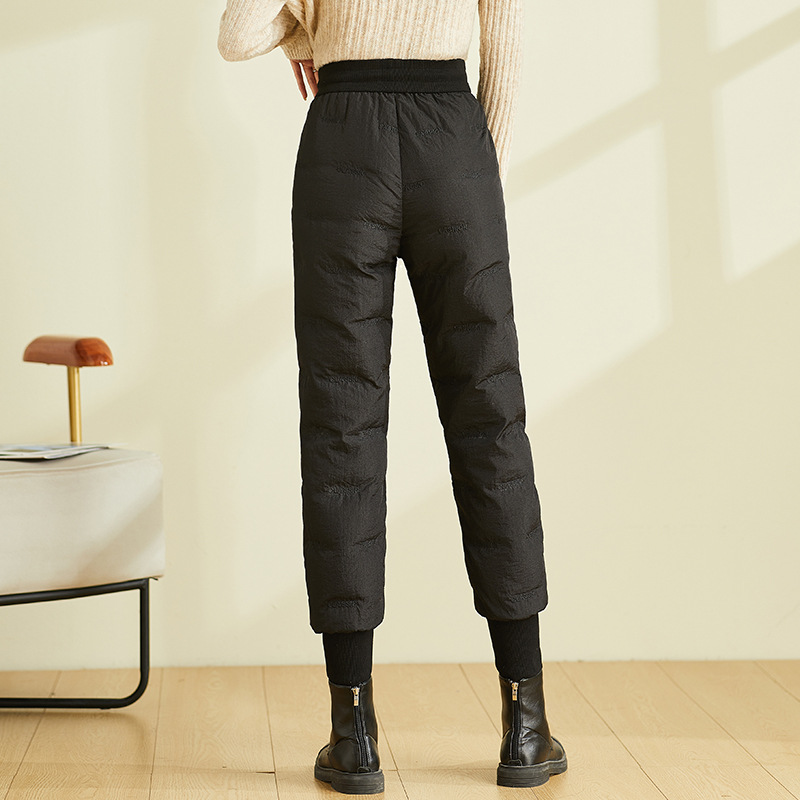 Quần lông vũ nữ mặc ngoài trời cạp cao dày dặn cỡ lớn, quần cotton nhẹ giữ ấm mùa đông — Màu đen