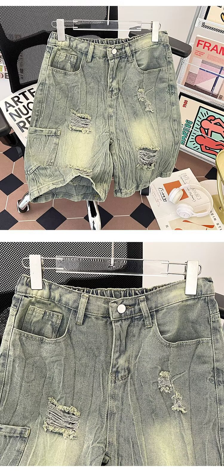 Men's Trendy Distressed Denim Shorts Summer Loose Fitting Washed Five Quarter Length Pants Street Style Trousers_mkmklike.com