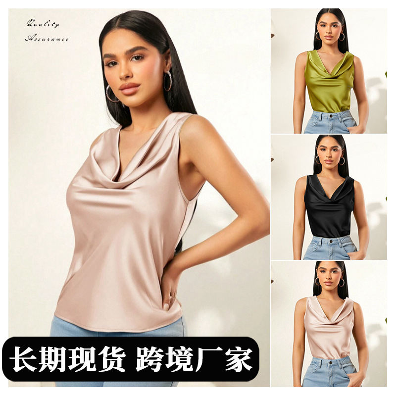 Chaleco sin Mangas de Color Sólido con Cuello de Satén, Nuevo Verano 2025, Tops sin Mangas para Mujer Estilo Europeo y Americano, Venta al por Mayor