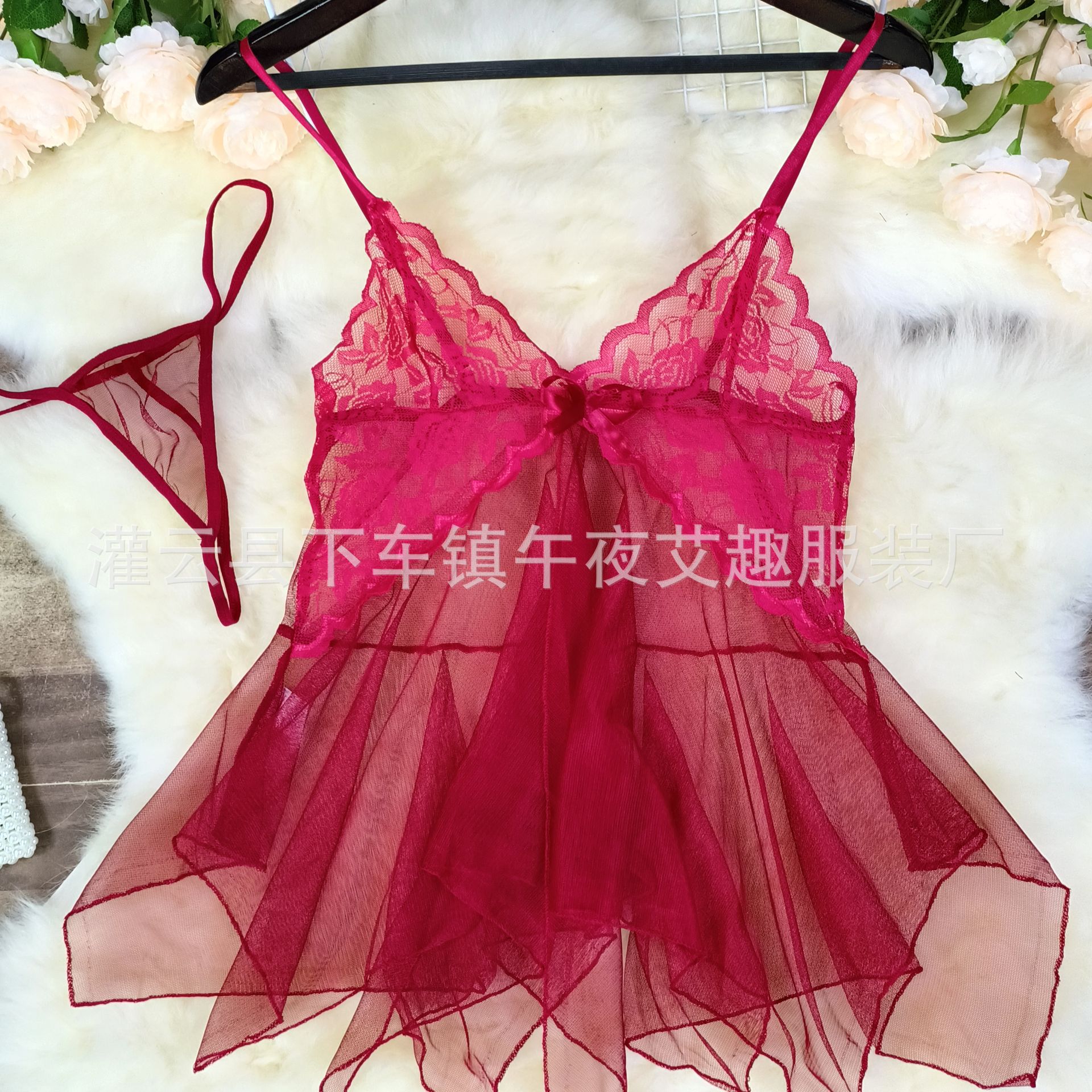 性感情趣内衣女式柔纱深V性感藕色蕾丝吊带裙美人鱼睡裙三家批发