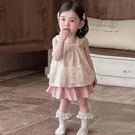 韩版童装女童夏季套装新款儿童宝宝碎花吊带背心粉色半身裙裤其他