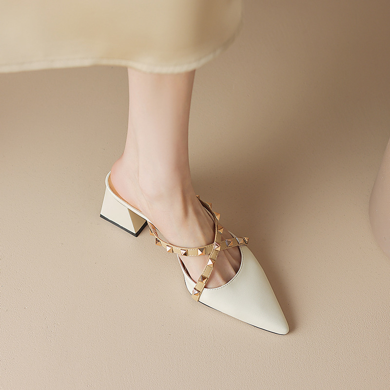 White pedicure outer wear half slippers 2023 Summer new cross rivet sandals women's genuine leather medium thick heel pointed slippers