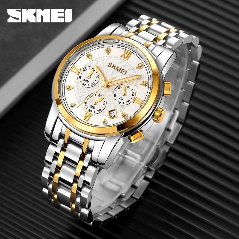 Skmei six-pin Chronograph men's quartz watch foreign trade three-eye Dial Steel Band Business Men's Watch wholesale