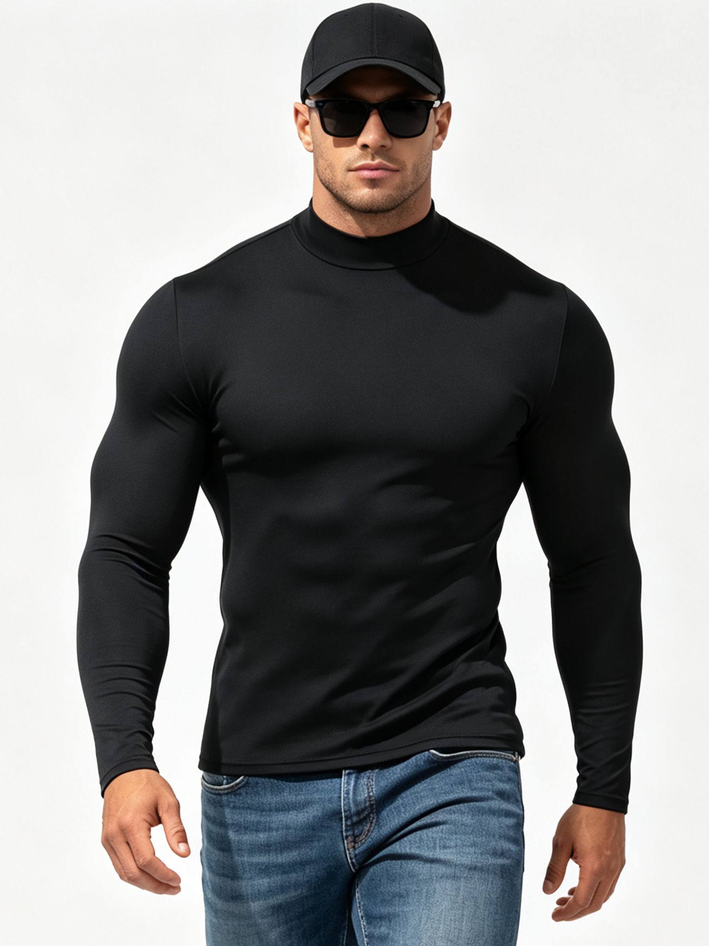 B5024 hombre de manga larga ajustado de cuello de media altura deportes de yoga correr maratón camisa de calentamiento camisa de base trajes de gimnasio