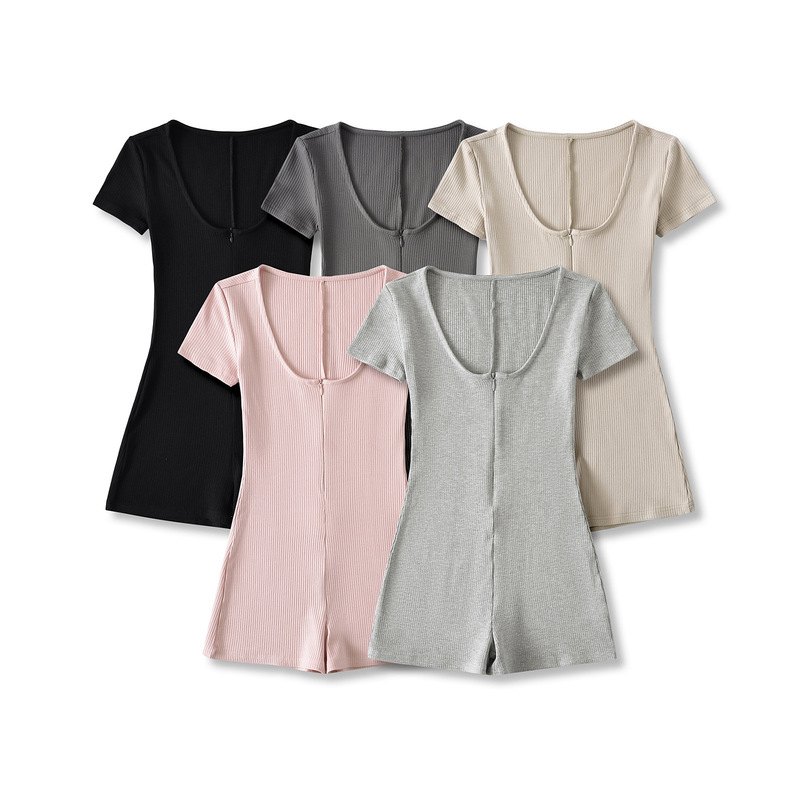 European and American Style Deep U-Neck Slim-Fit Short-Sleeve Jumpsuit Spring and Summer High-Waisted Bodycon Shorts for Fitness Yoga