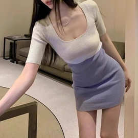 纯欲风方领短袖撞色针织连衣裙女夏小个子性感紧身收腰包臀短裙子