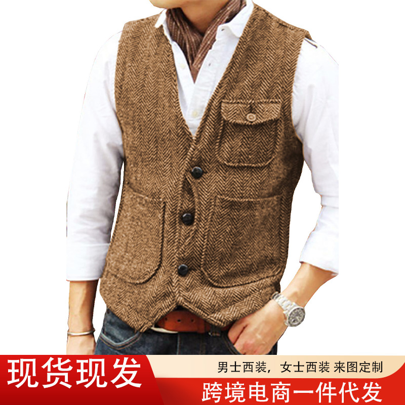 Amazon's Best-Selling New Men's Casual Fashion Vest American Retro Rough Flower Suit Vest Manufacturer Ready Stock