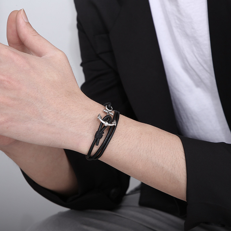 Anchor Pattern Men's Gender Punk, Simple Style Style Punk Simple Style Anchor Stainless Steel Cowhide Plating Men's Bracelets Men Cord & Leather Bracelets