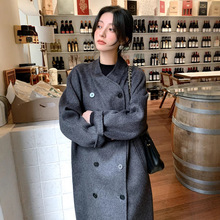 加长款毛呢大衣女慵懒风骆驼绒无领羊毛呢子外套加厚双排扣高级感