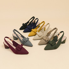 663-2包头浅口蝴蝶结纯色夏季高跟凉鞋织物粗跟女后空一字后绊带