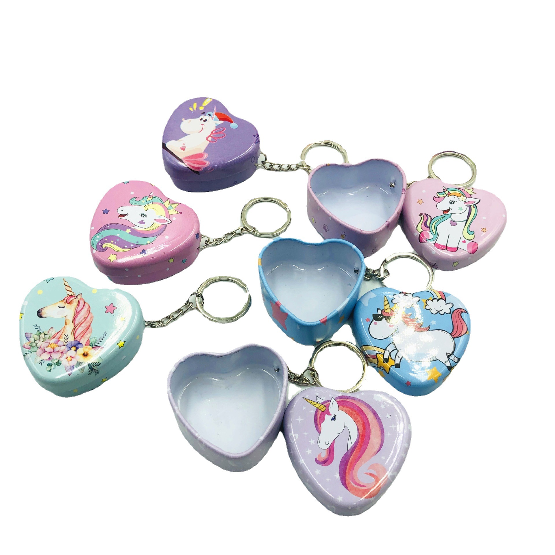 Transfronterizo nuevo creativo unicornio hojalata pequeña caja en forma de corazón larga caja redonda moneda monedero llavero colgante
