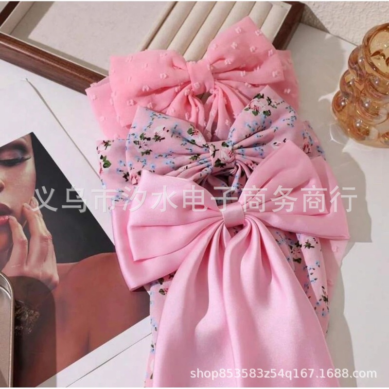 跨境专供热销组合纯色超大号复古双层蝴蝶结飘带发夹女弹簧夹发饰|undefined