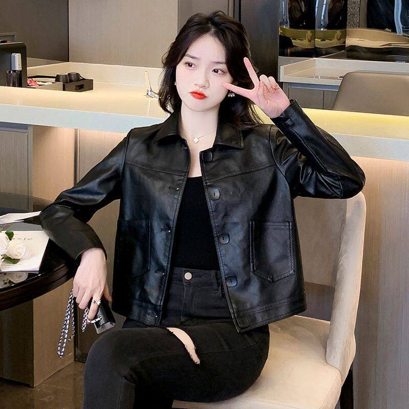 Áo khoác da nữ dáng ngắn cổ ve tay dài phong cách thanh lịch — Đen [Xuân Thu] chi tiết 4