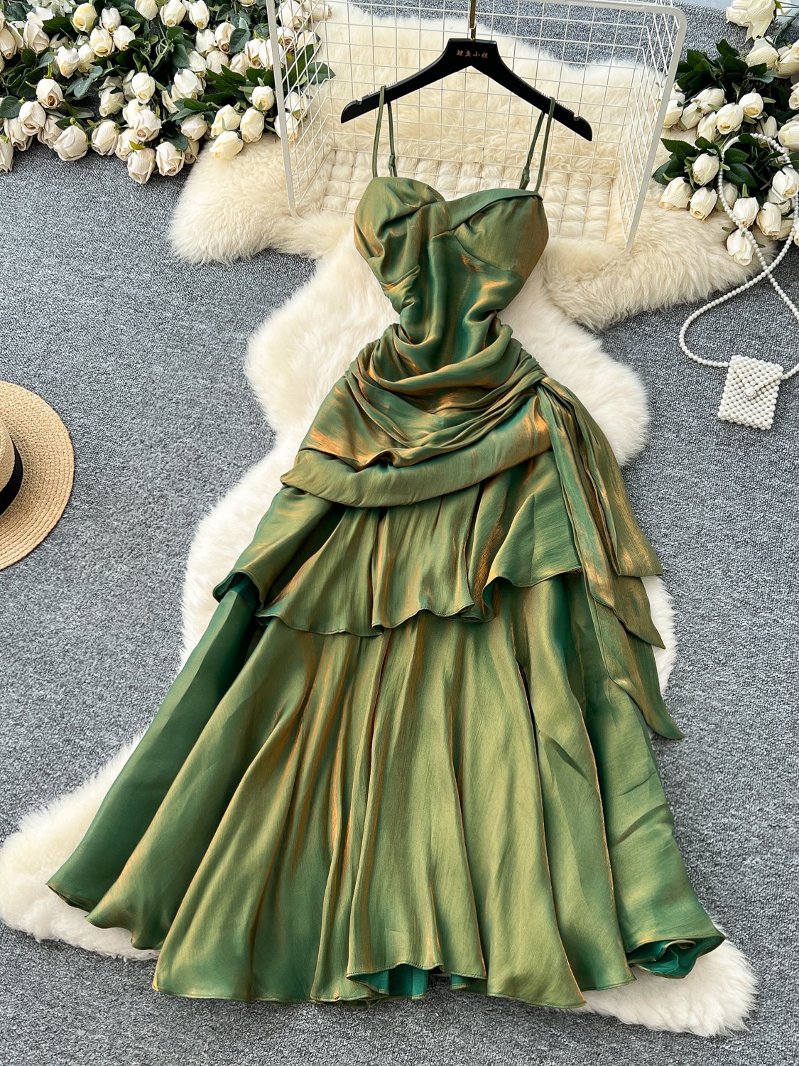 French Goddess Style Design Square Neck Tube Top Suspender Pleated Waist Ruffle Dress Women's Small Dress Long Skirt