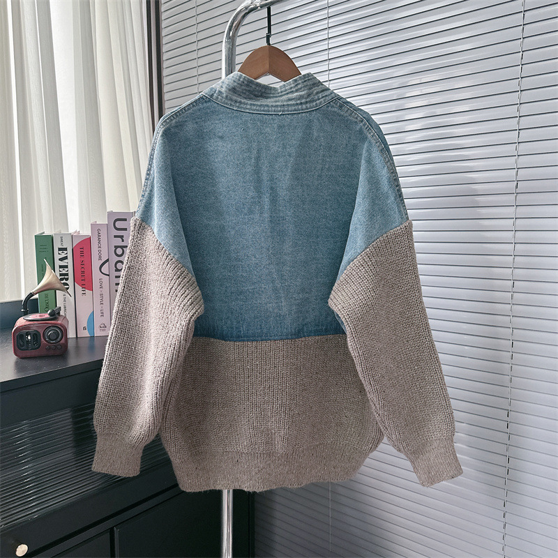 Damenbekleidung Denim-Nähte Design Strickjacke Herbst und Winter neue koreanische Art und Weise lose Pulloverjacke_voghion.com