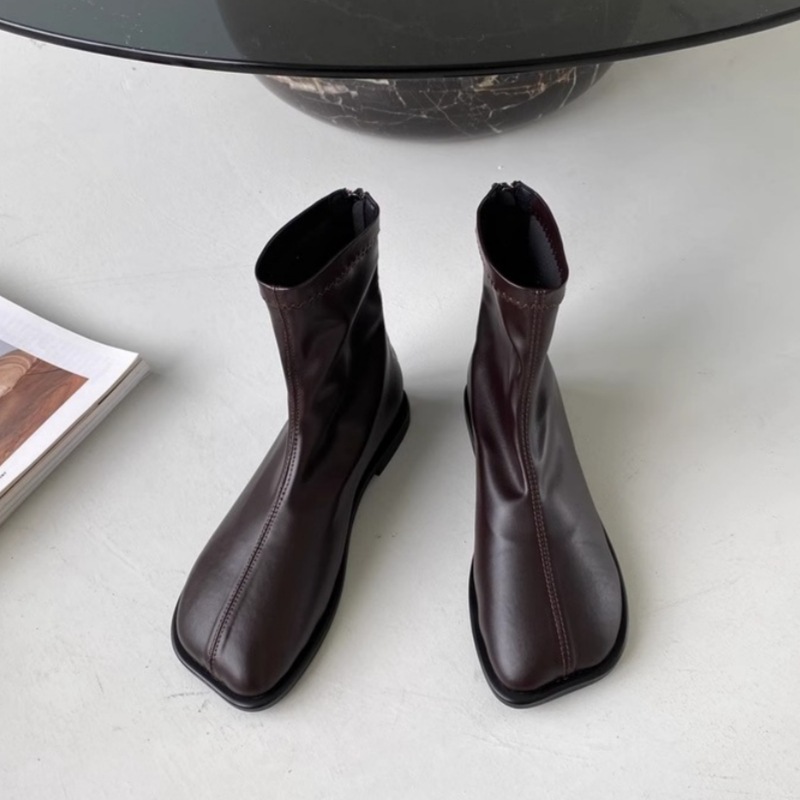 Short Boots for Women, Autumn and Winter Single Boots, 2025 New Square Toe Mango Boots, Soft Leather Elastic Slim Boots, Retro Boots