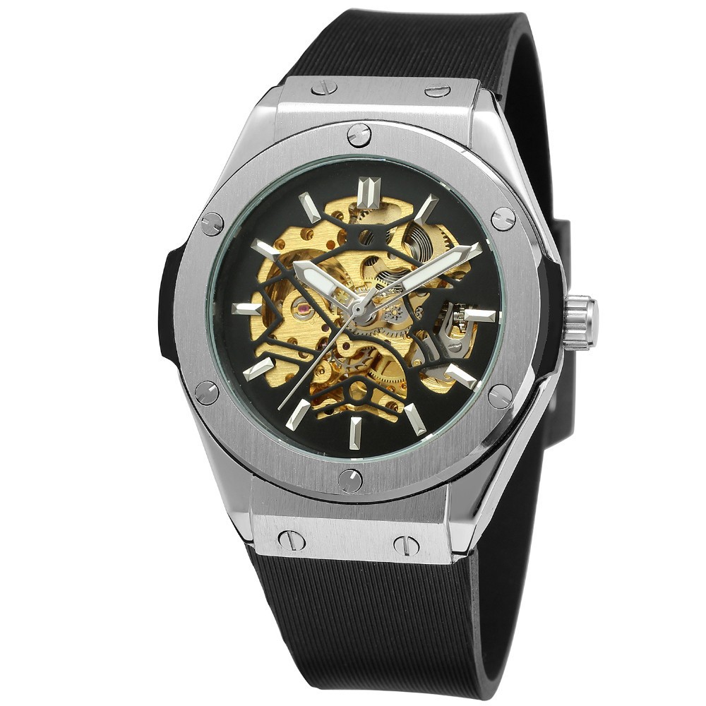 Forsining estilo europeo y americano de los hombres moda casual plata esqueleto hueco reloj mecánico automático al por mayor
