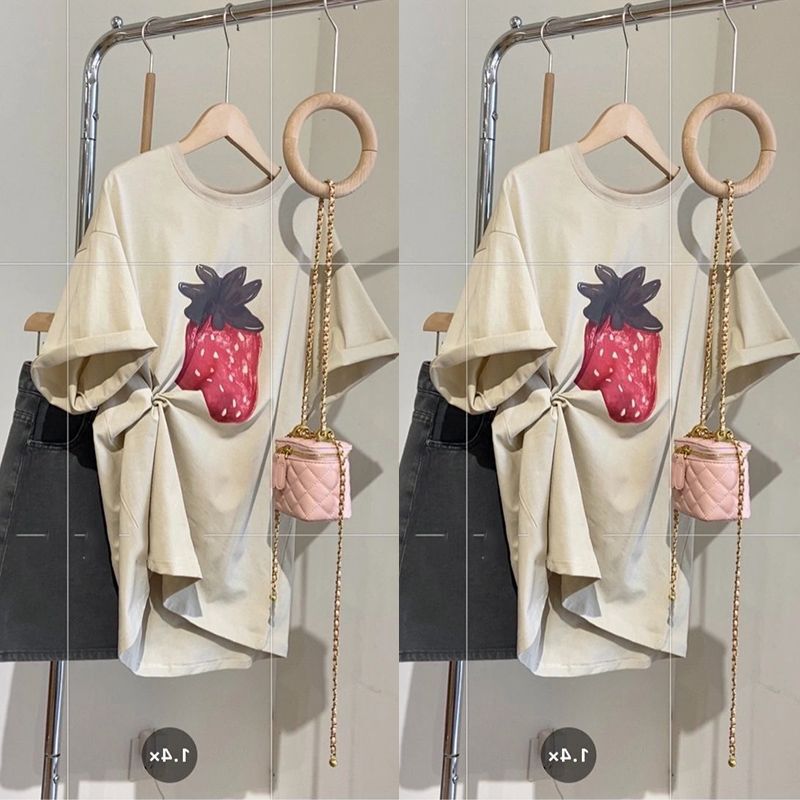 Fat mm Extra Large Size 150kg Spring and Summer Red Big Strawberry Cute Age-Reducing Loose Slimming Look Pure Cotton Short-Sleeved T-Shirt for Women