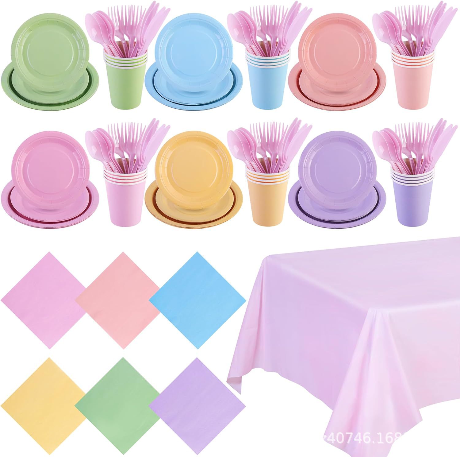 Macaron Color Birthday Theme Party Disposable Paper Plates, Cups, Knives, Forks, Spoons and Tablecloth Set, a Must-Have for the Holiday