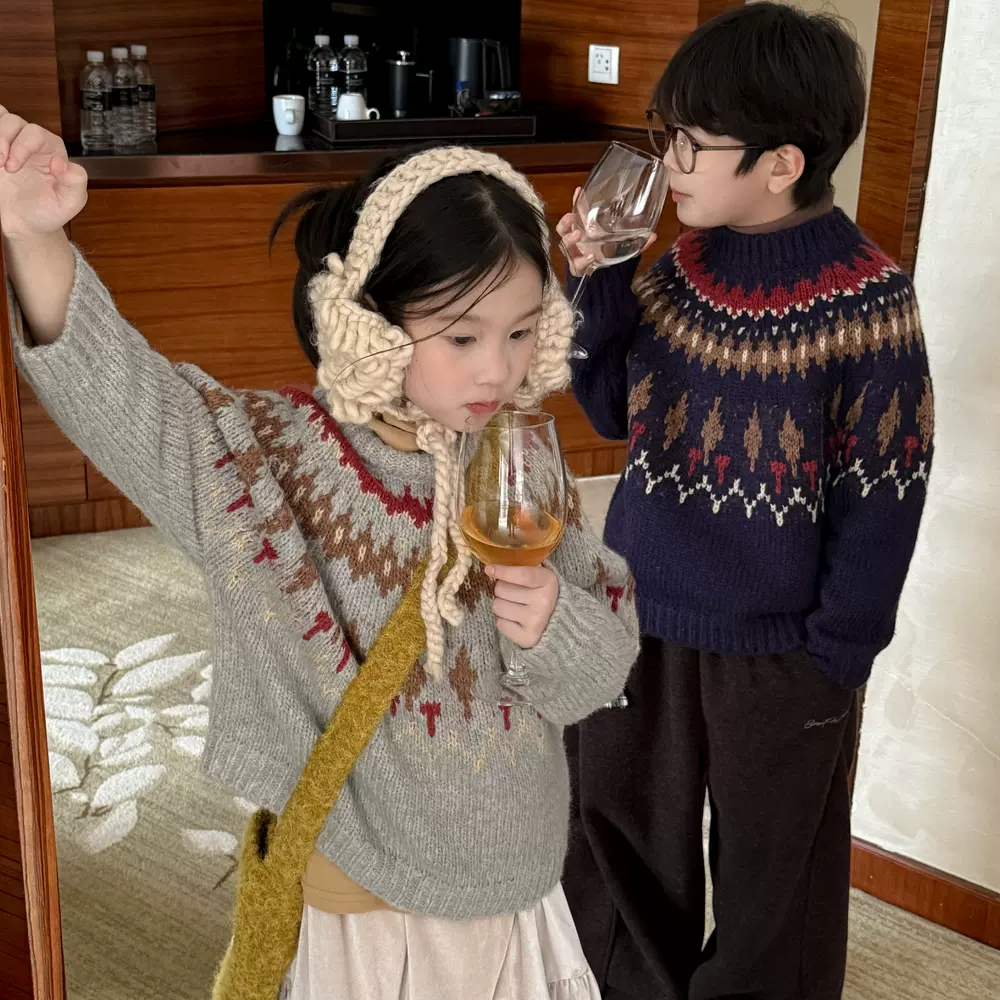 童毛衣2025秋冬韩版男女童圆领加厚费尔岛毛衣慵懒套头百搭款针织