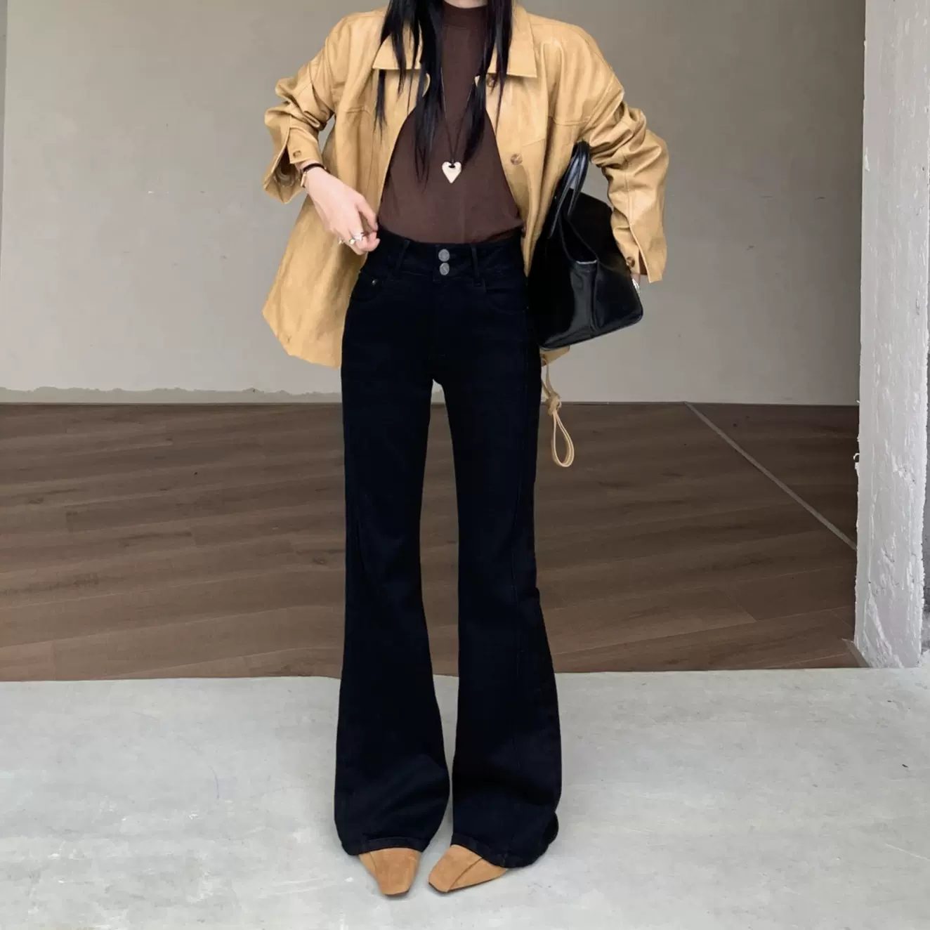 冬上新 微喇牛仔裤女加绒高腰黑色显瘦四面弹力高个子加长喇叭裤