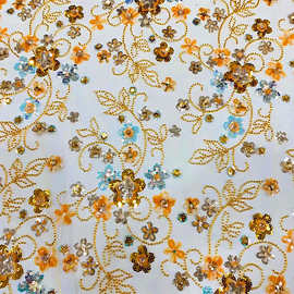 春夏新款亮片藤蔓花珠管网纱刺绣童装婚纱礼服面料