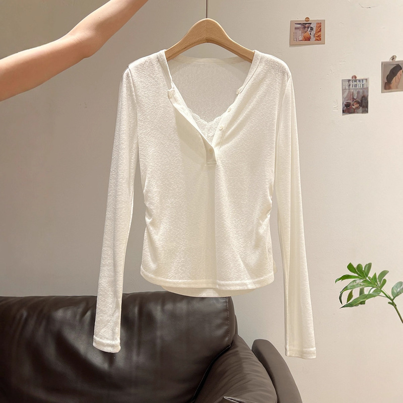 Fake Two-Piece Spliced Snowflake V-Neck Sun Protection Cover-Up Lace Long-Sleeve T-Shirt Women's Summer 2025 New Thin Top